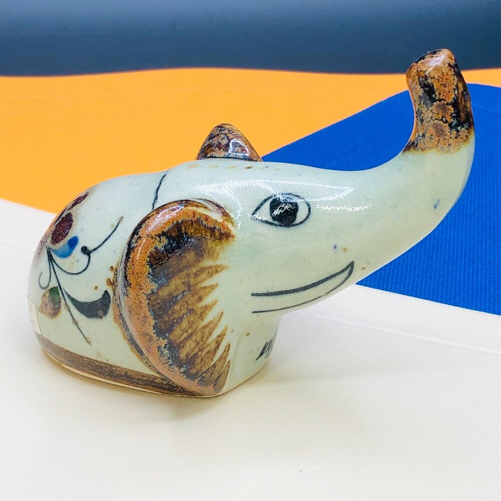 Vintage Tonala Baby Trunk Up Elephant Figurine: Mexican Folk Art Pottery  - Boho